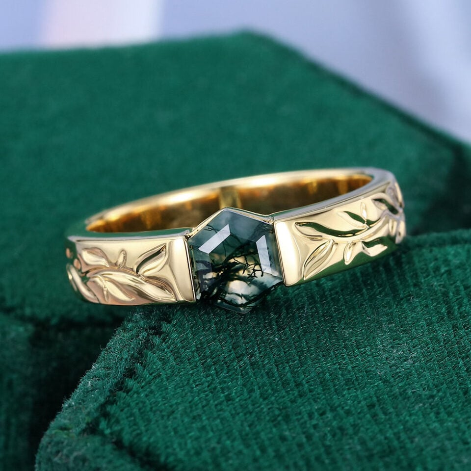 Oval Cut Alexandrite Olive Leaves Engraved Gender Neutral Wedding Band (5)