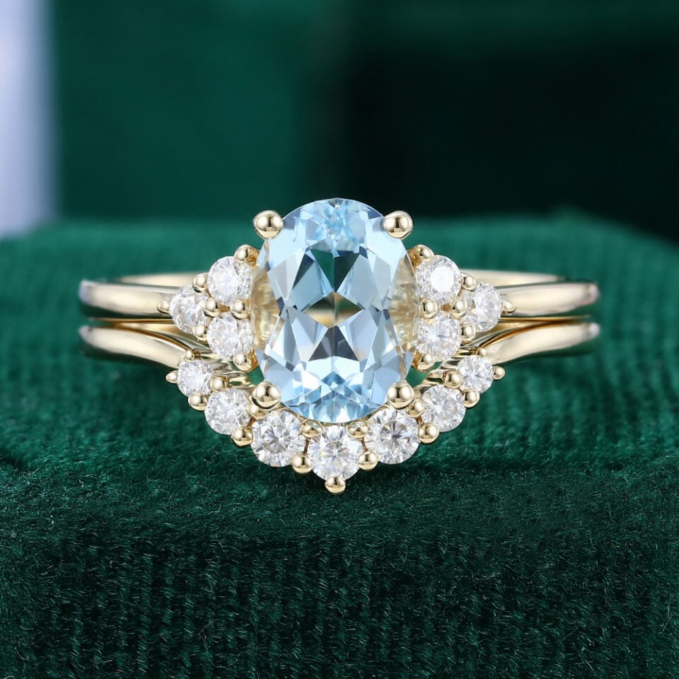 Oval Cut Aquamarine Bridal Ring Set Moissanite Cluster Engagement Ring Set