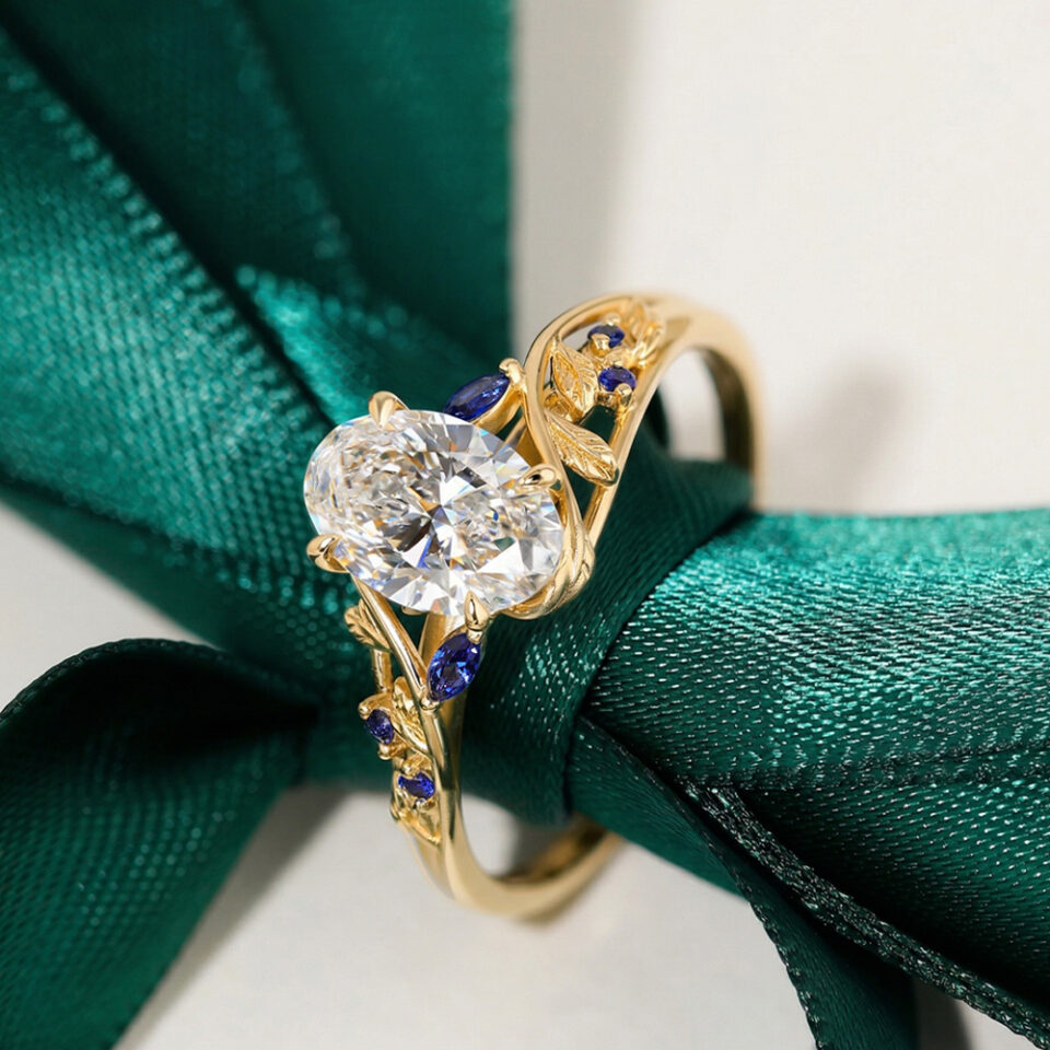 Oval cut lab diamond leafy non traditional engagement ring