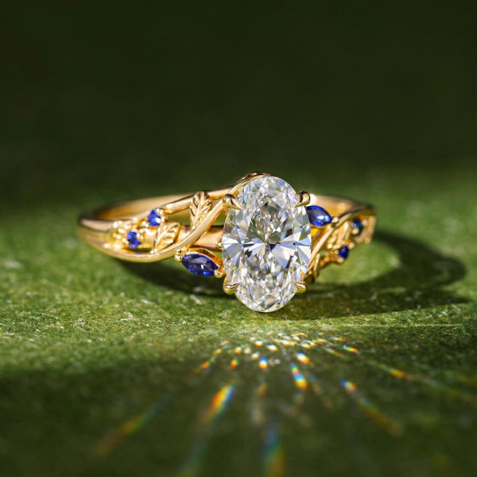 Oval cut lab diamond leafy non traditional engagement ring