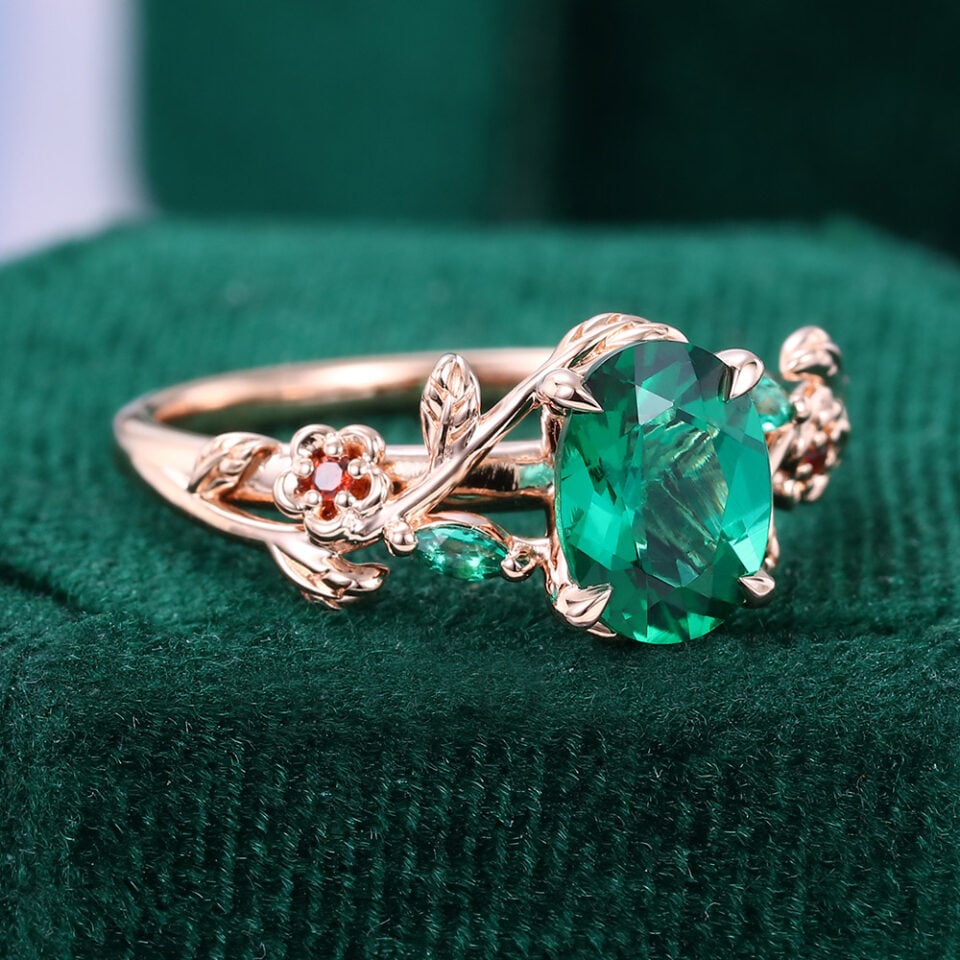 Oval Cut Lab Emerald Engagement Ring With Twisted Twig Shank (2)