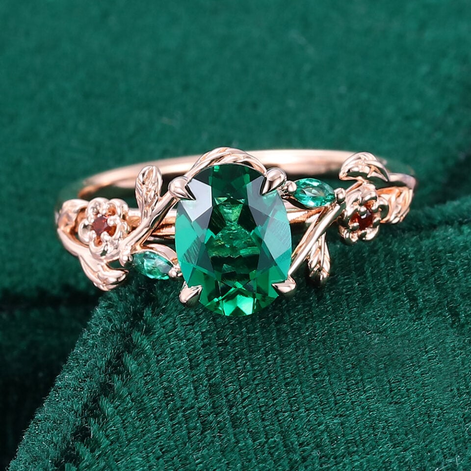 Oval Cut Lab Emerald Engagement Ring With Twisted Twig Shank (3)
