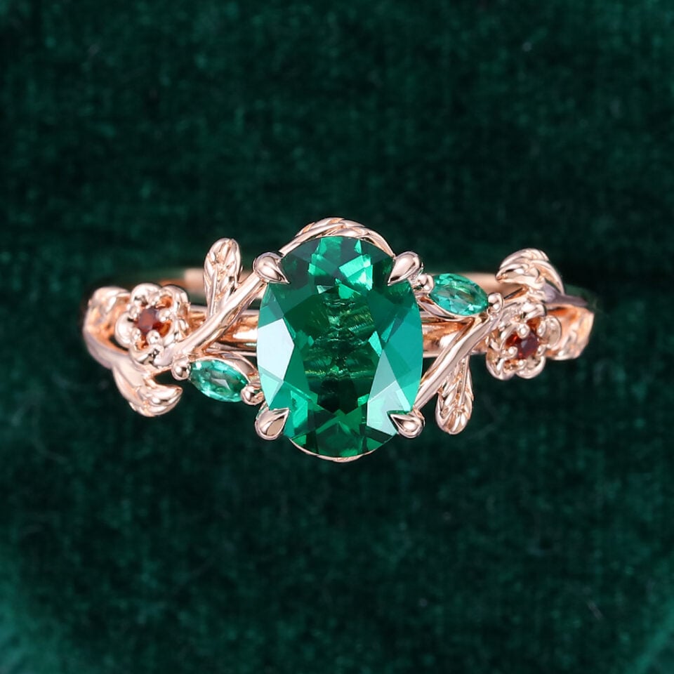 Oval Cut Lab Emerald Engagement Ring With Twisted Twig Shank (5)