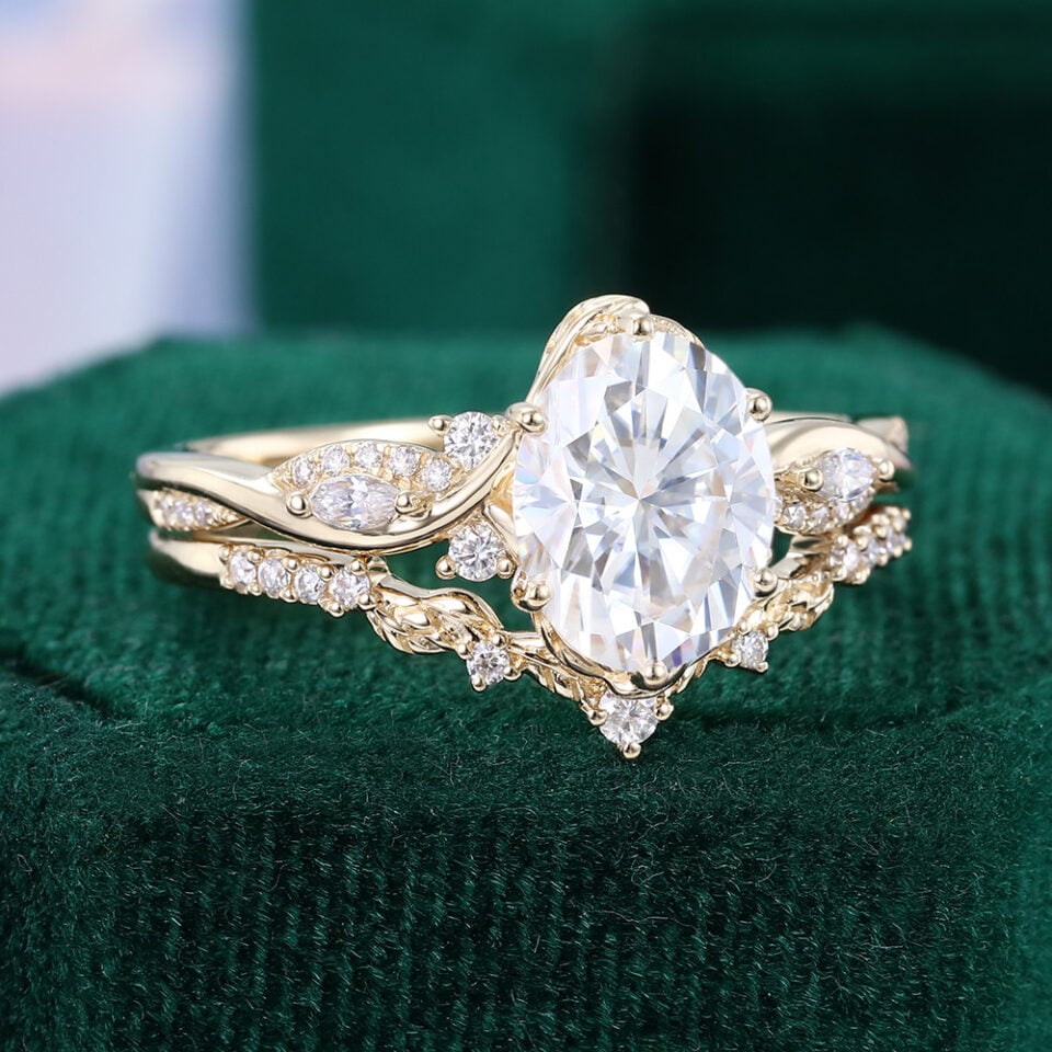 Oval Cut Moissanite Nature Inspired Twisted Band Bridal Ring Set (2)
