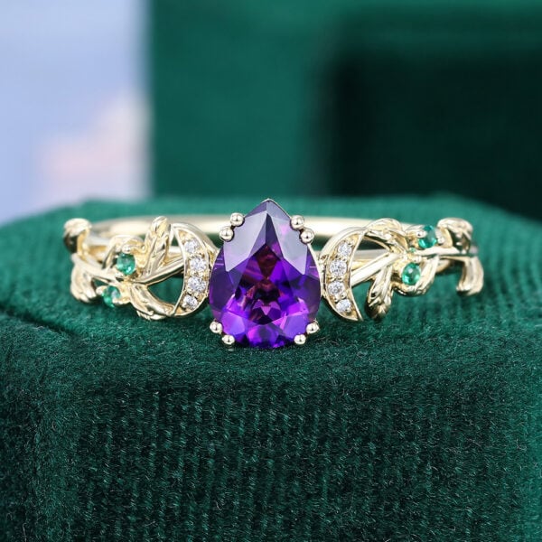 Crescent Inspired Pear Cut Amethyst Garden Themed Engagement Ring