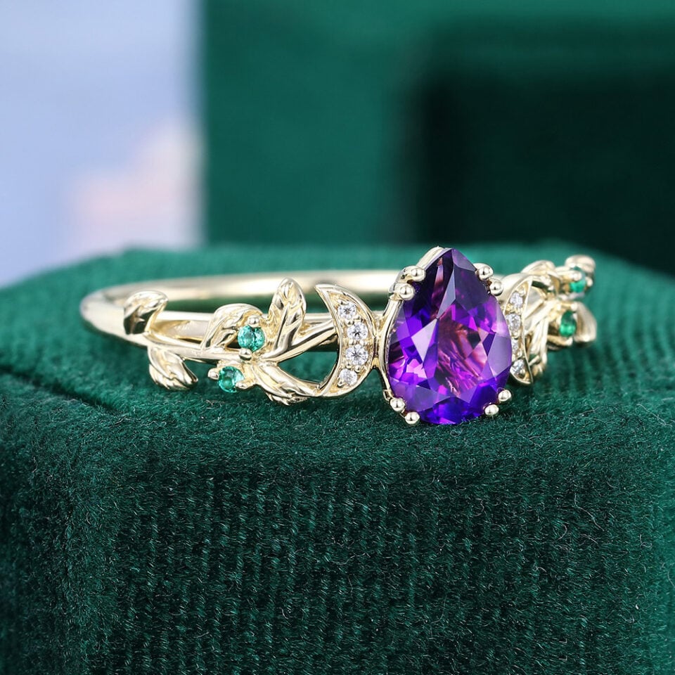 Pear Cut Amethyst Botanical Promise Ring Split Prong Engagement Ring(2)