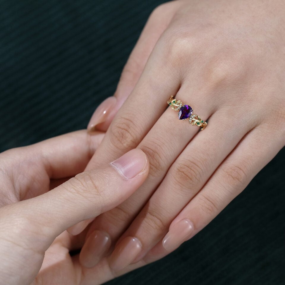 Pear Cut Amethyst Botanical Promise Ring Split Prong Engagement Ring(3)