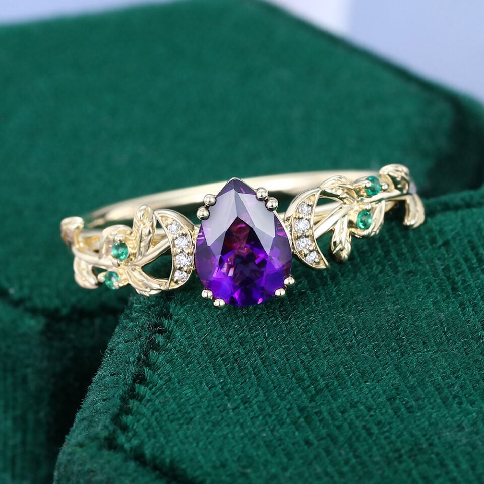 Pear Cut Amethyst Botanical Promise Ring Split Prong Engagement Ring(6)