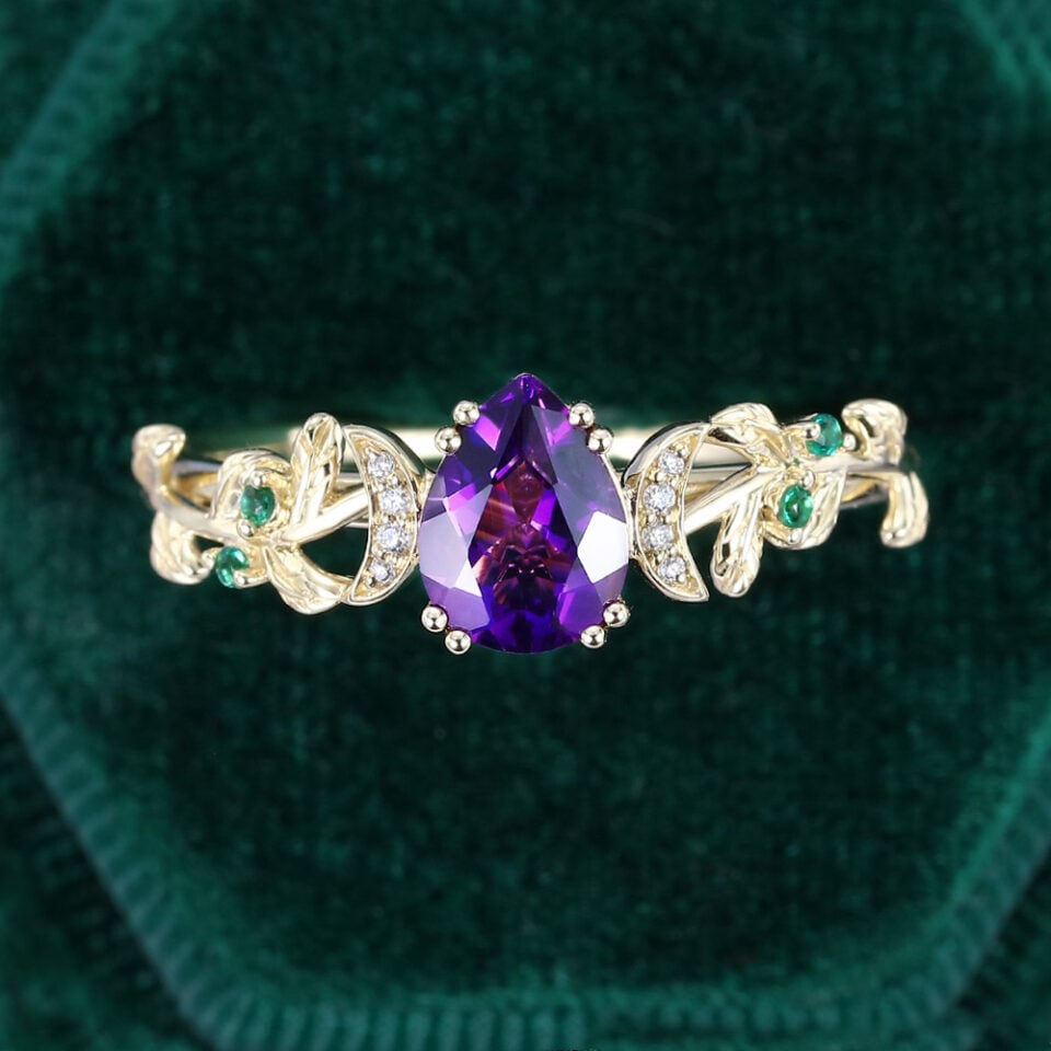 Pear Cut Amethyst Botanical Promise Ring Split Prong Engagement Ring(7)