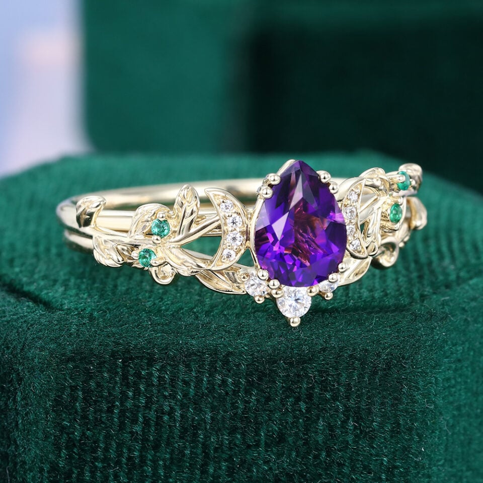 Pear Cut Amethyst Vine Engagement Ring Garden-Themed Promise Ring (3)