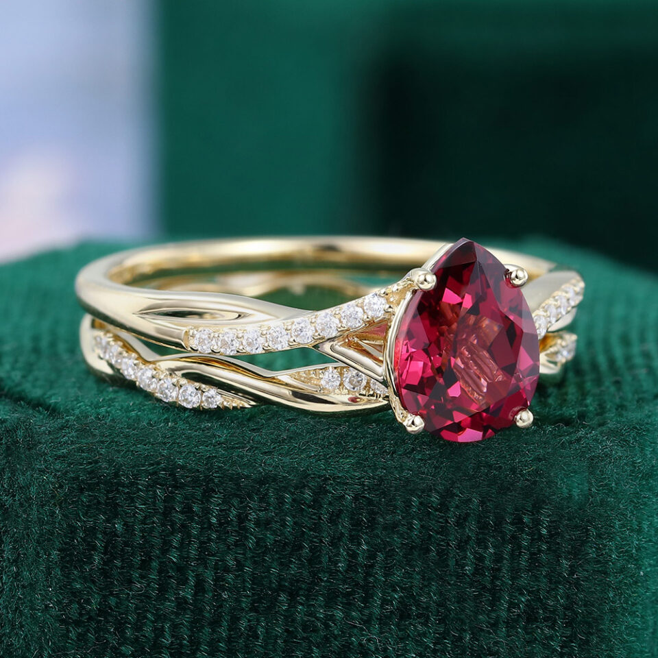 Pear Cut Lab Ruby Pavé Bridal Ring Set Twisted Shank Engagement Ring Set (5)
