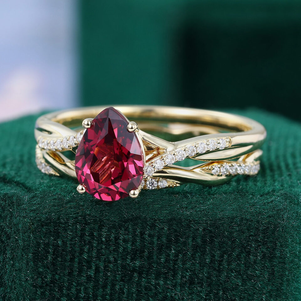 Pear Cut Lab Ruby Pavé Bridal Ring Set Twisted Shank Engagement Ring Set (6)