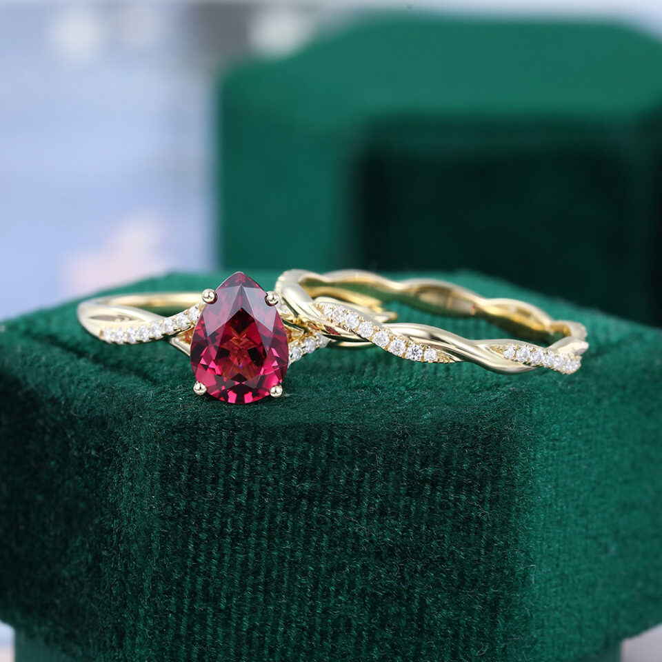 Pear Cut Lab Ruby Pavé Bridal Ring Set Twisted Shank Engagement Ring Set (7)