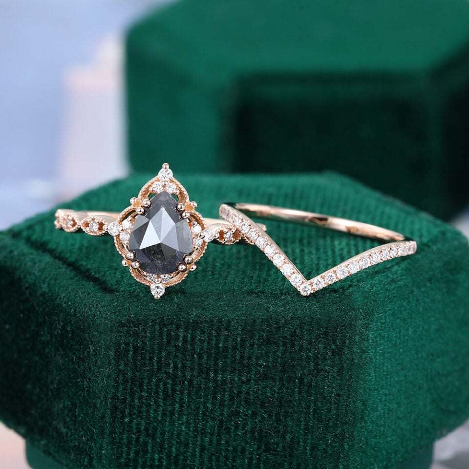 Pear Cut Salt and Pepper Diamond Vintage Milgrain Bridal Ring Set (1)