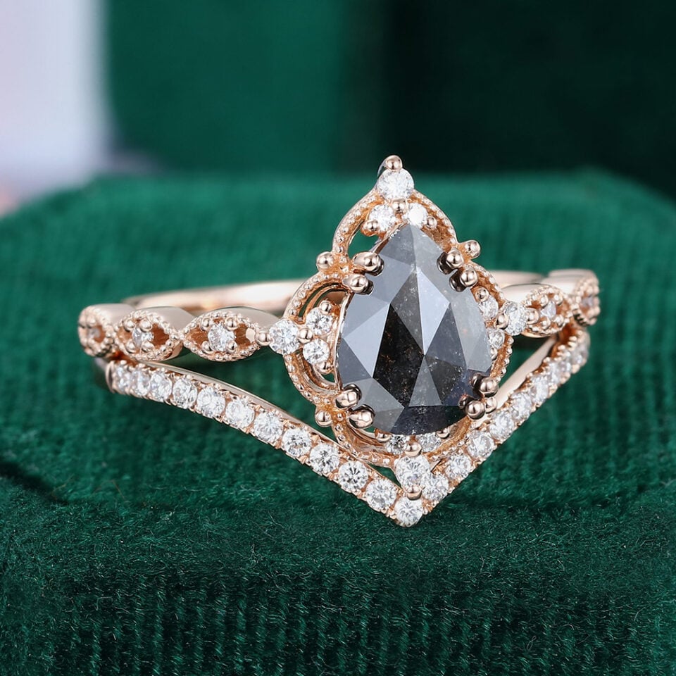 Pear Cut Salt and Pepper Diamond Vintage Milgrain Bridal Ring Set (2)