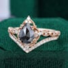 Pear Cut Salt and Pepper Diamond Vintage Milgrain Bridal Ring Set (3)
