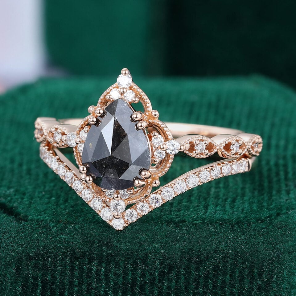 Pear Cut Salt and Pepper Diamond Vintage Milgrain Bridal Ring Set (3)