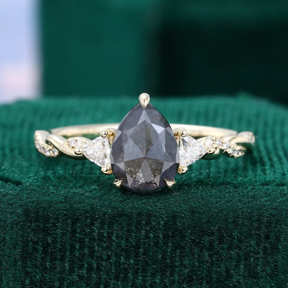 Pear Rose Cut Salt & Pepper Diamond Three Stone Engagement Ring with Twisted Band