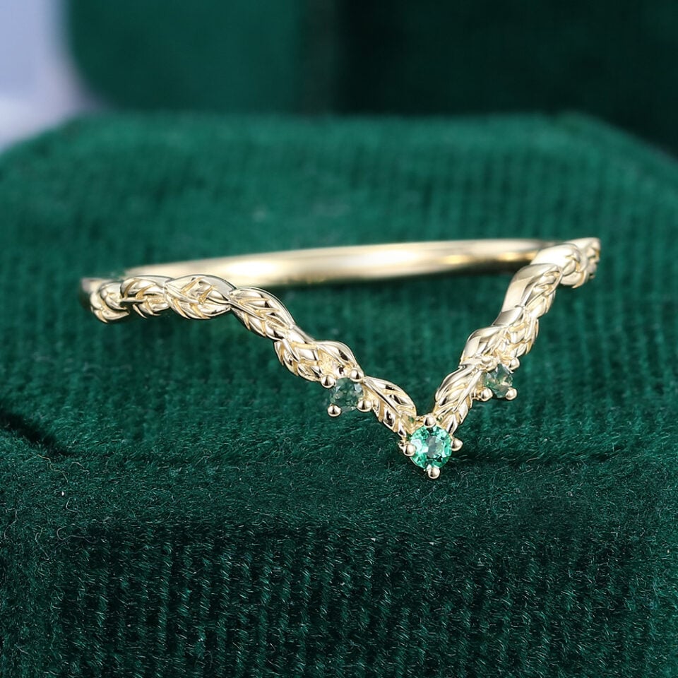Round Cut Lab Emerald Wedding Band Leaf Accented Curved Stacking Ring (3)