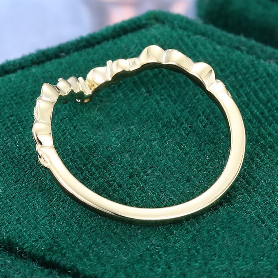 Round Cut Lab Emerald Wedding Band Leaf Accented Curved Stacking Ring (5)