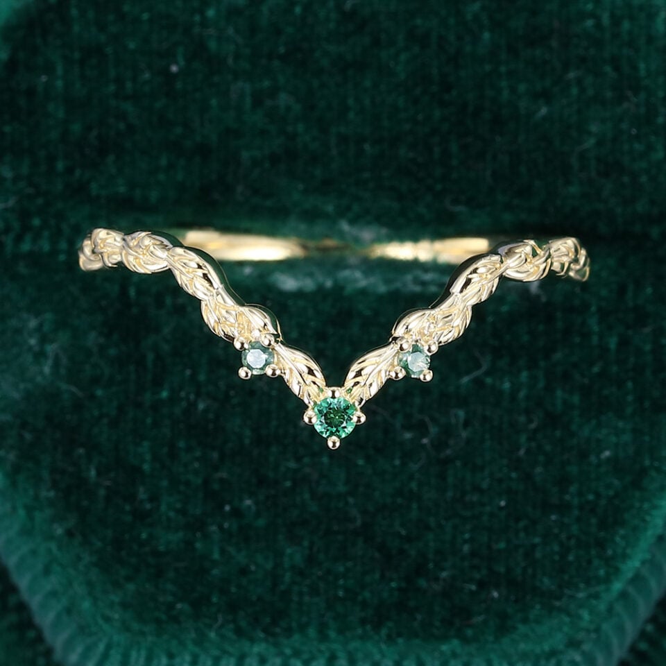 Round Cut Lab Emerald Wedding Band Leaf Accented Curved Stacking Ring (6)