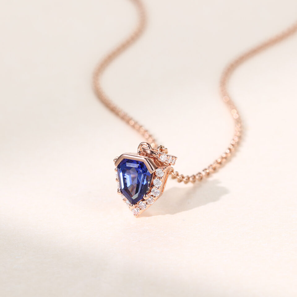 Unique Shield Cut Lab Sapphire Bezel Anniversary Pendant Necklace (5)