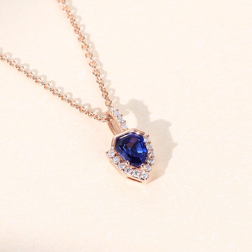 Unique Shield Cut Lab Sapphire Bezel Anniversary Pendant Necklace (6)