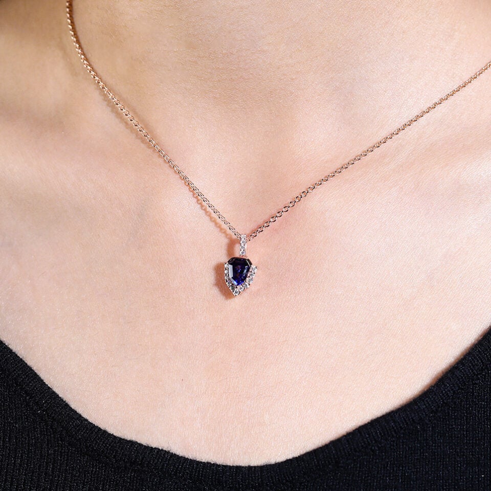 Unique Shield Cut Lab Sapphire Bezel Anniversary Pendant Necklace (7)