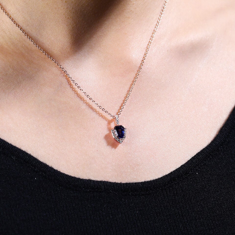 Unique Shield Cut Lab Sapphire Bezel Anniversary Pendant Necklace (8)