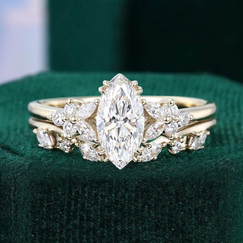 1CT Marquise Cut Lab Diamond Blossom Cluster Bridal Ring Set