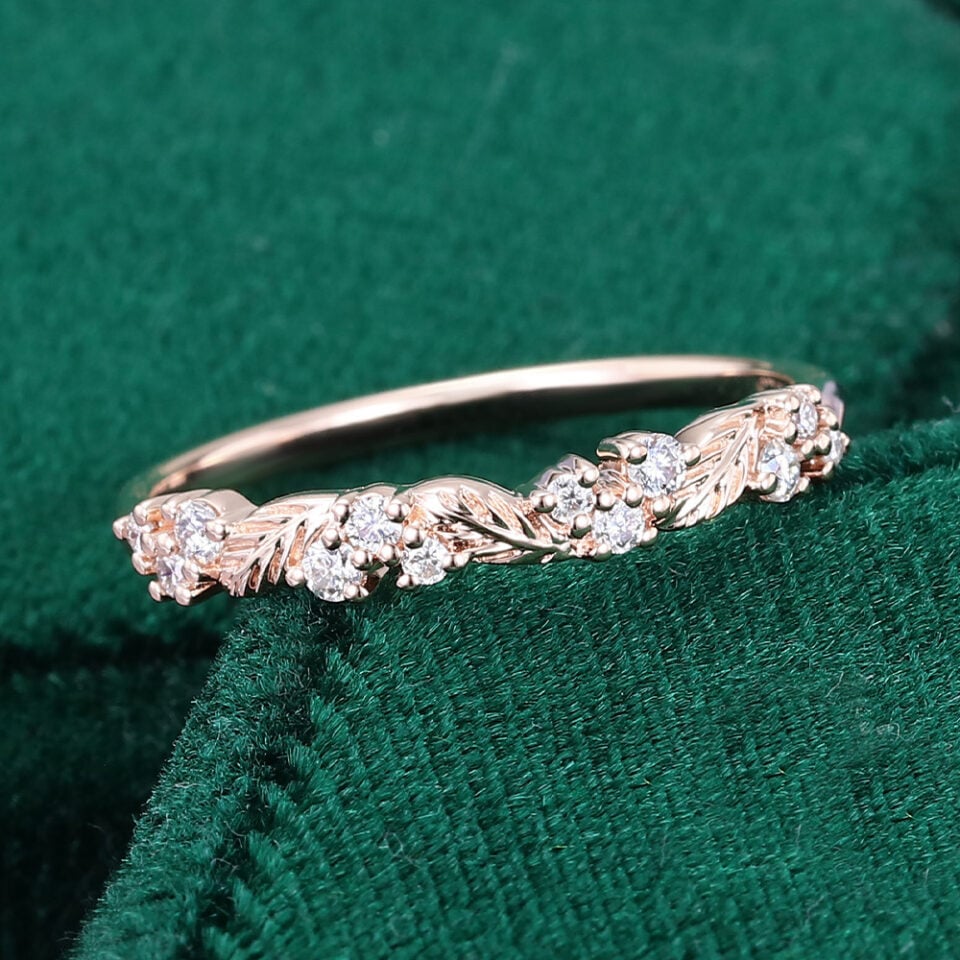 Alternating Leaves & Moissanite Wedding Band Nature Inspired Stacking Ring (10)