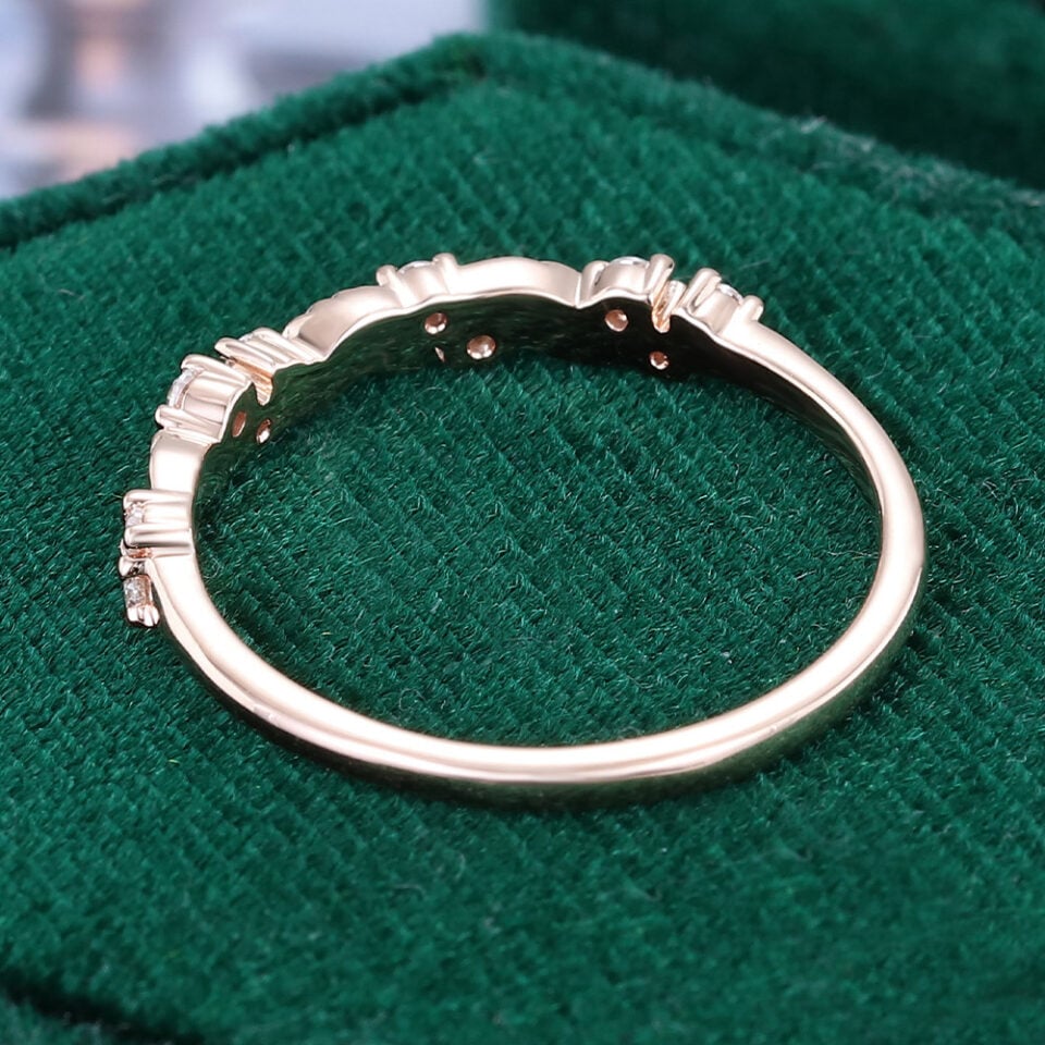 Alternating Leaves & Moissanite Wedding Band Nature Inspired Stacking Ring (5)