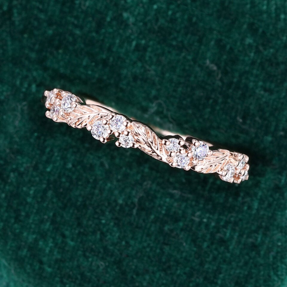 Alternating Leaves & Moissanite Wedding Band Nature Inspired Stacking Ring (6)