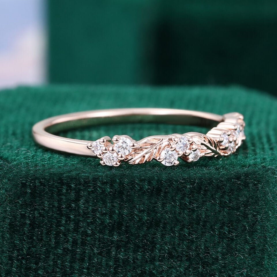 Alternating Leaves & Moissanite Wedding Band Nature Inspired Stacking Ring (9)