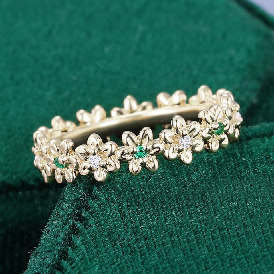 Alternating Moissanite & Emerald Wedding Ring Floral Inspired Stacking Ring (2)