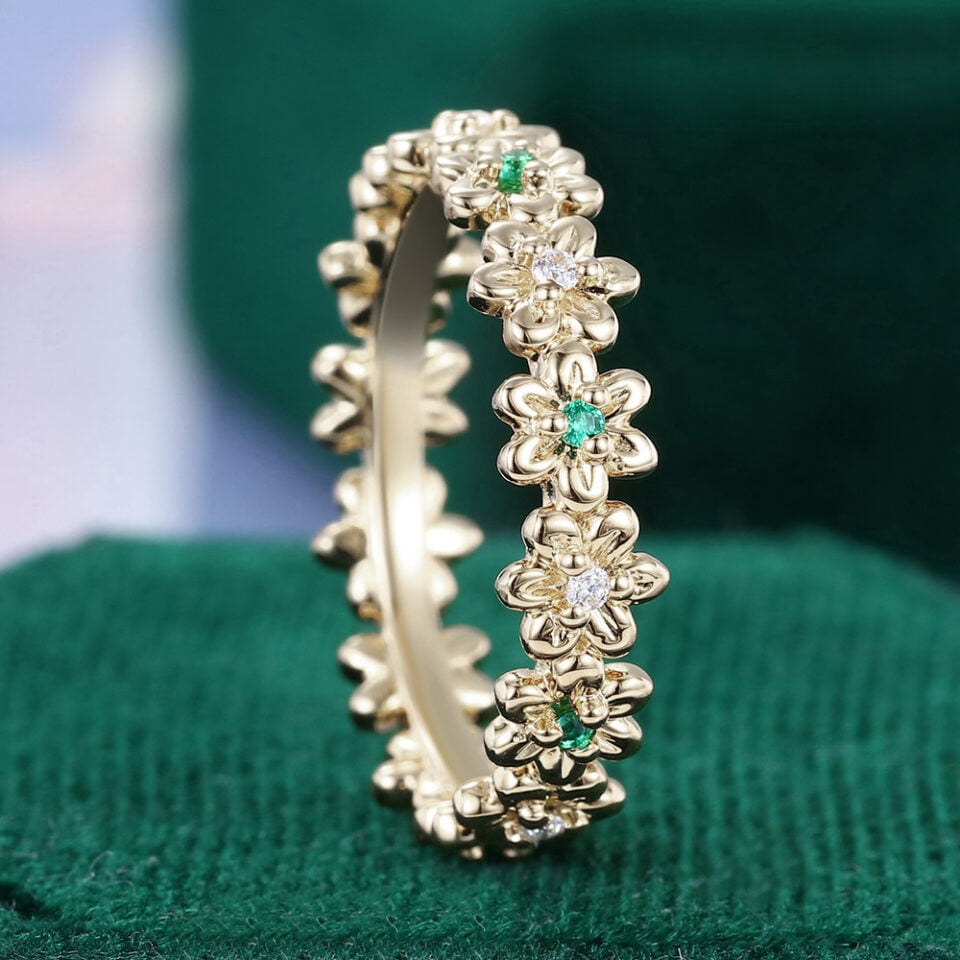 Alternating Moissanite & Emerald Wedding Ring Floral Inspired Stacking Ring (5)