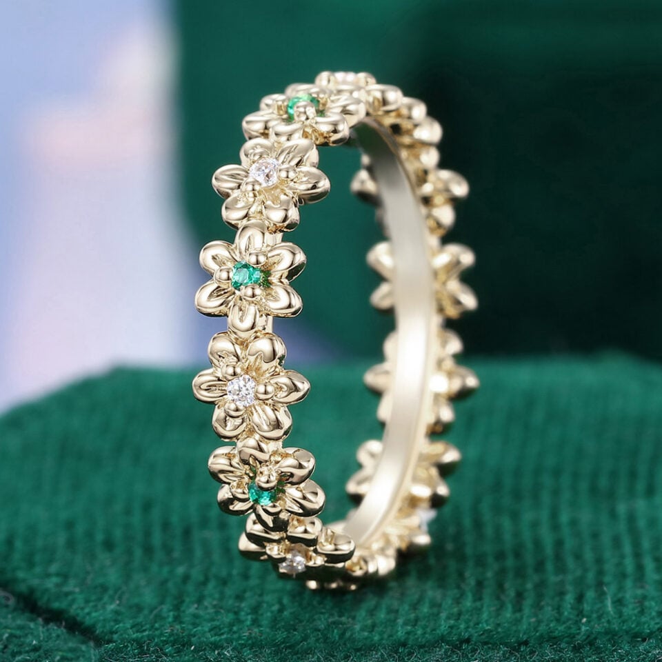 Alternating Moissanite & Emerald Wedding Ring Floral Inspired Stacking Ring (6)