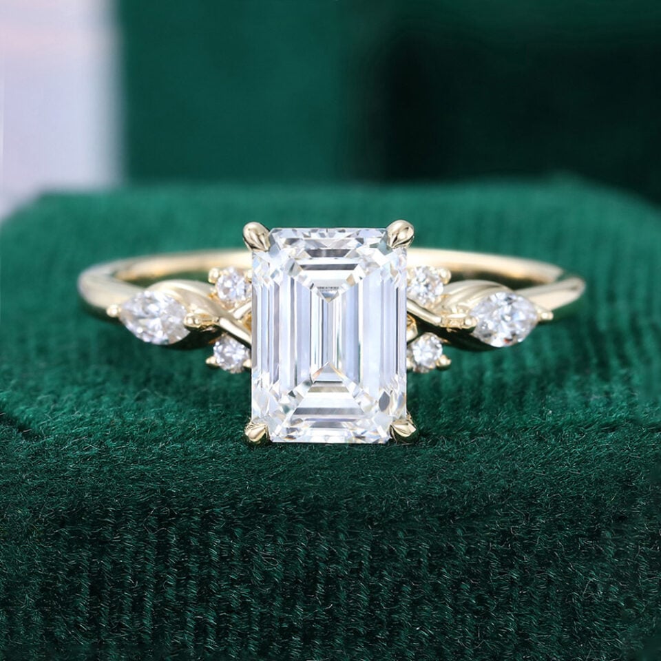 Emerald Cut Lab Diamond Engagement Ring With Marquise & Round Accents