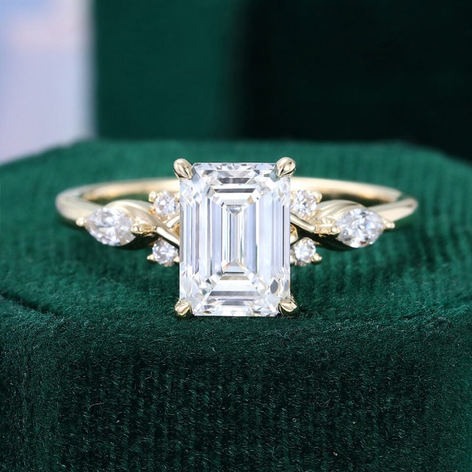 Emerald Cut Lab Diamond Engagement Ring With Marquise & Round Accents