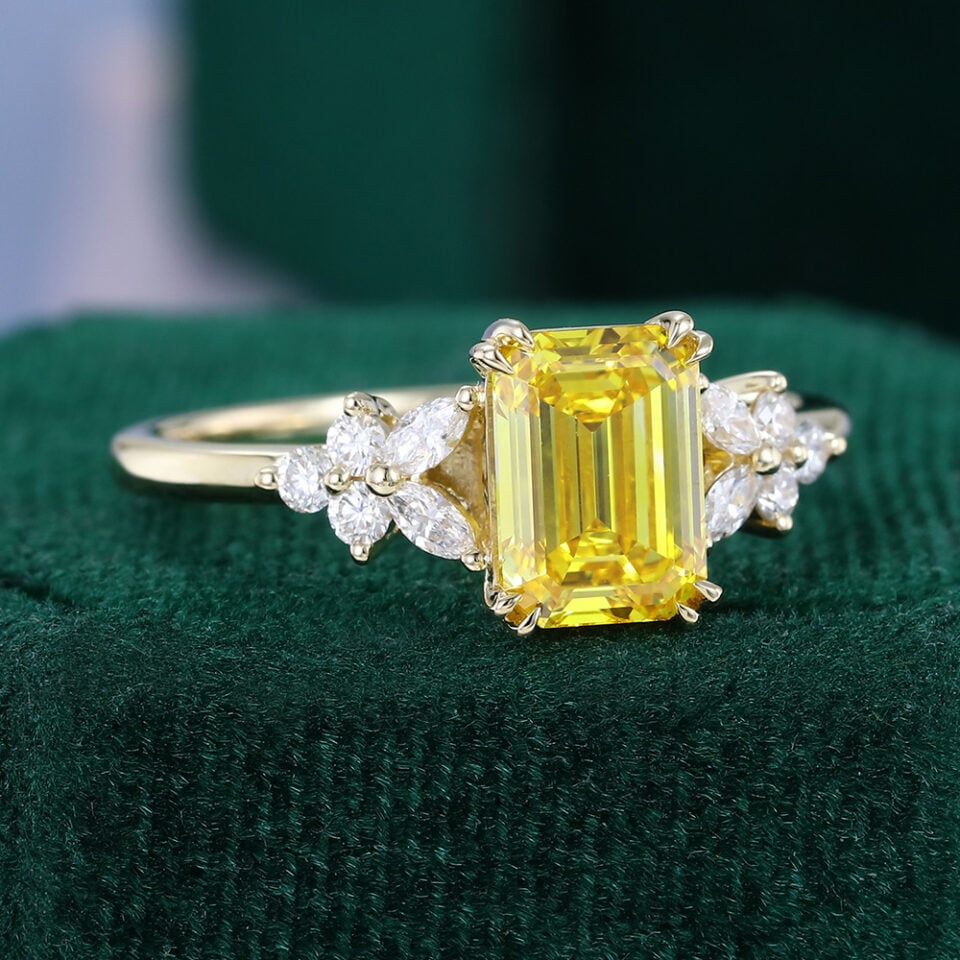Emerald Cut Yellow Diamond Blossom Engagement Ring in Double Claw Setting (2)
