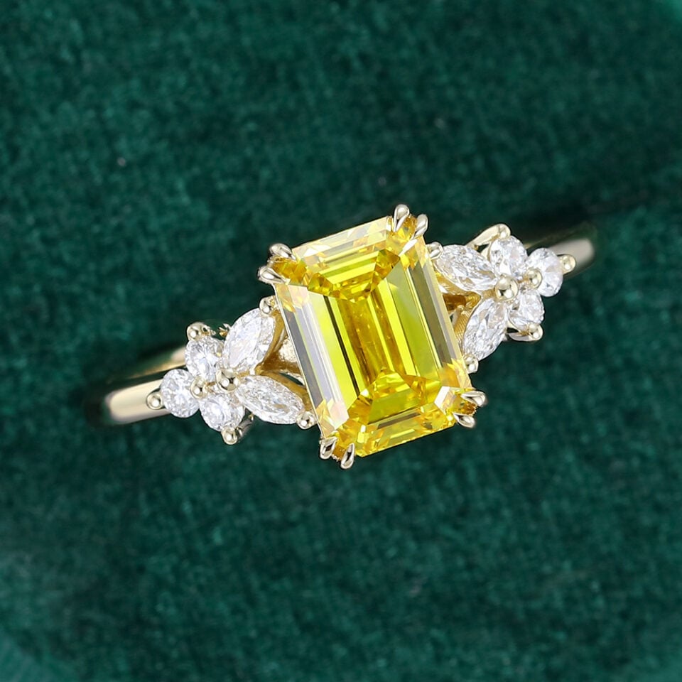 Emerald Cut Yellow Diamond Blossom Engagement Ring in Double Claw Setting (3)