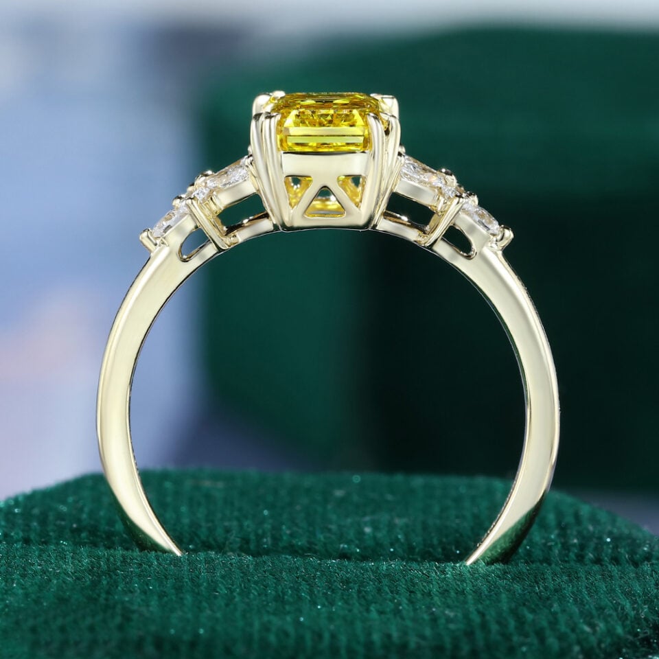 Emerald Cut Yellow Diamond Blossom Engagement Ring in Double Claw Setting (5)