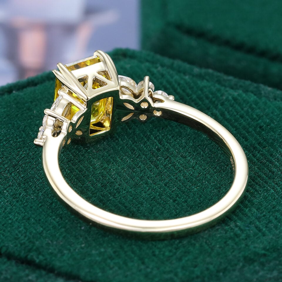 Emerald Cut Yellow Diamond Blossom Engagement Ring in Double Claw Setting (7)