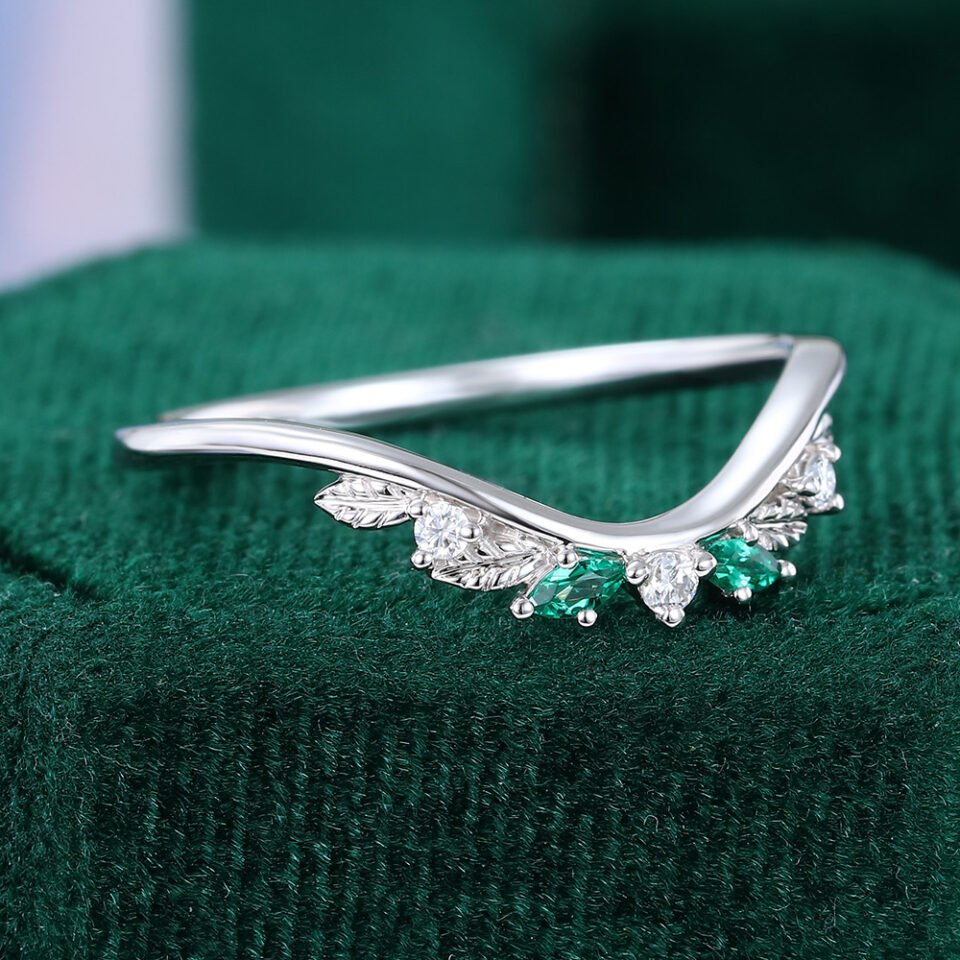 Emerald & Moissanite Curved Wedding Band Leaf Design Stacking Ring (2)
