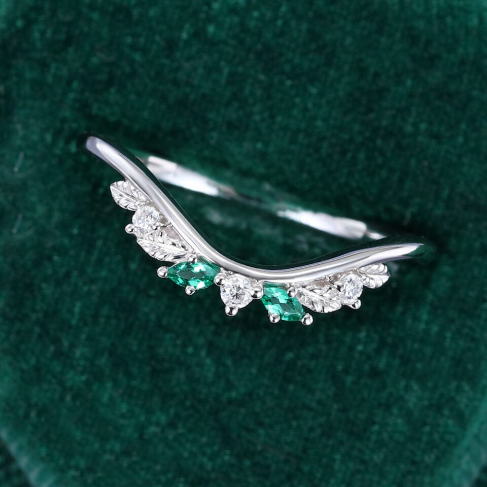 Emerald & Moissanite Curved Wedding Band Leaf Design Stacking Ring (4)