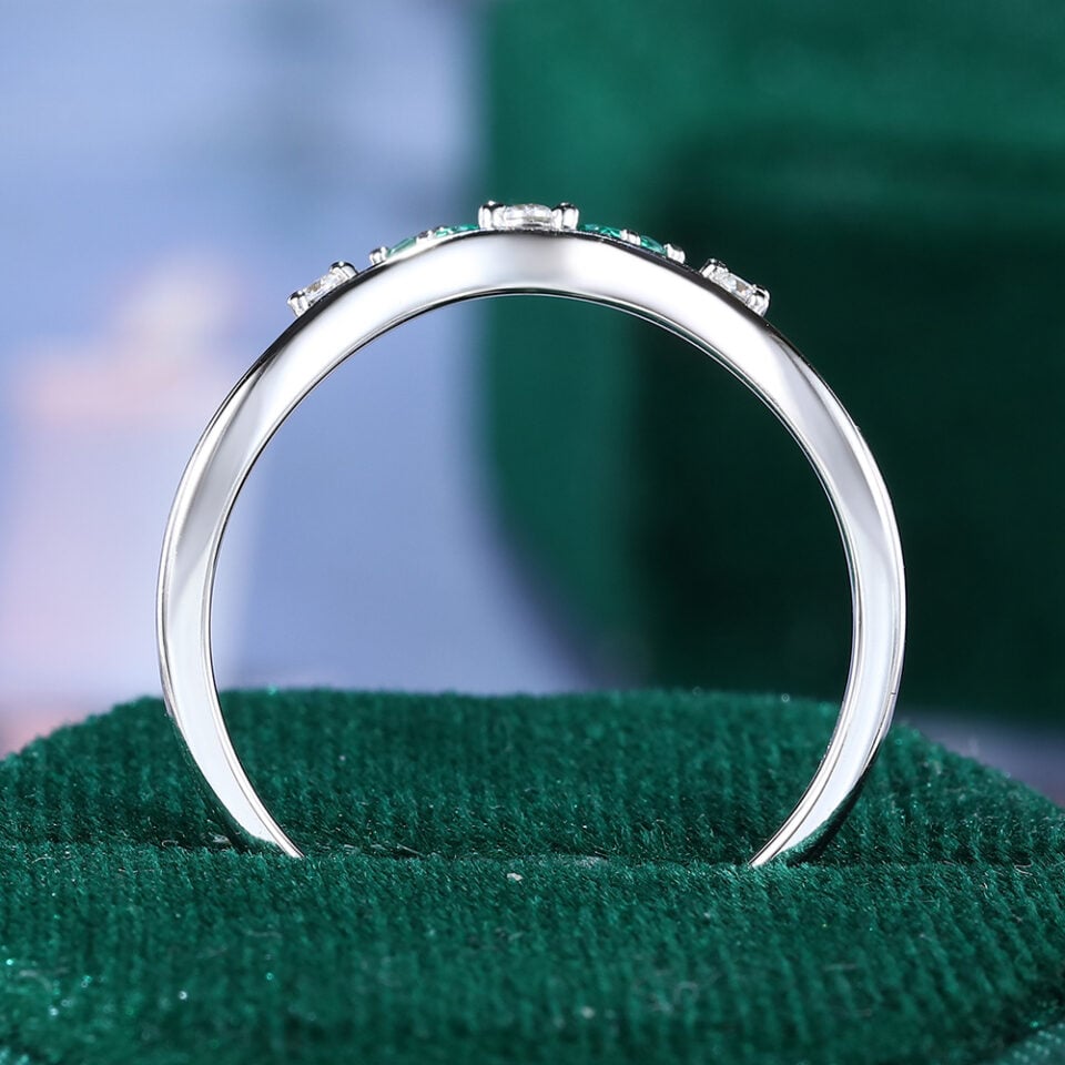 Emerald & Moissanite Curved Wedding Band Leaf Design Stacking Ring (5)