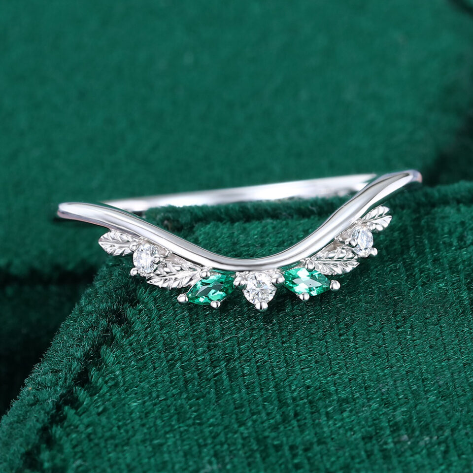 Emerald & Moissanite Curved Wedding Band Leaf Design Stacking Ring (6)