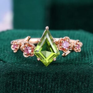 kite Cut Peridot Cherry Blossom Engagement Ring Floral Inspired Promise Ring