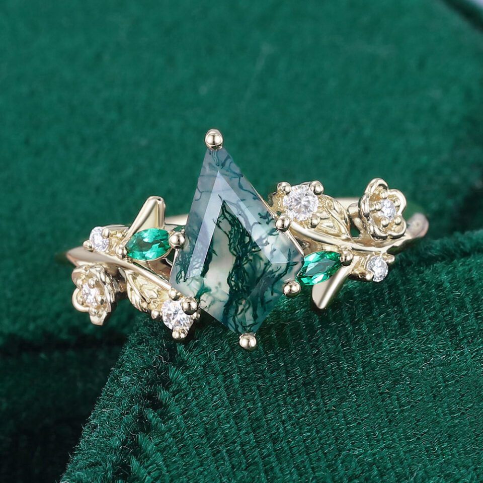Kite Cut Moss Agate Engagement Ring Nature Themed Promise Ring (1)