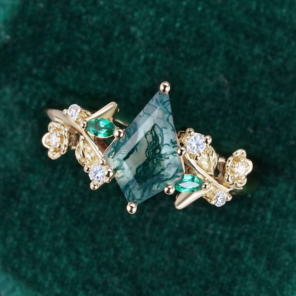 Kite Cut Moss Agate Engagement Ring Nature Themed Promise Ring (3)